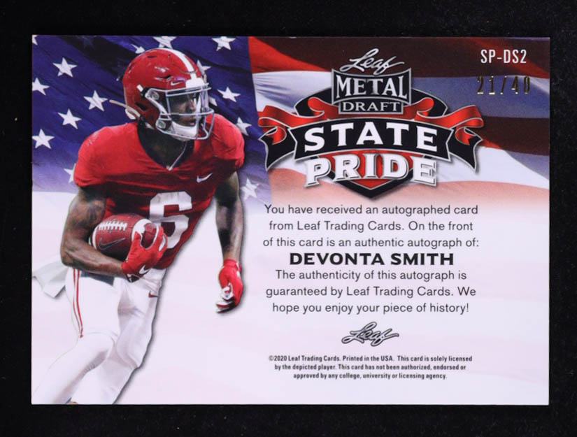 DeVonta Smith 2021 Leaf Metal Draft Flashback State Pride Mojo #SPDS2 RC #21/40 at PristineAuction.com DeVonta Smith 2021 Leaf Metal Draft Flashback State Pride Mojo #SPDS2 RC #21/40 at PristineAuction.com