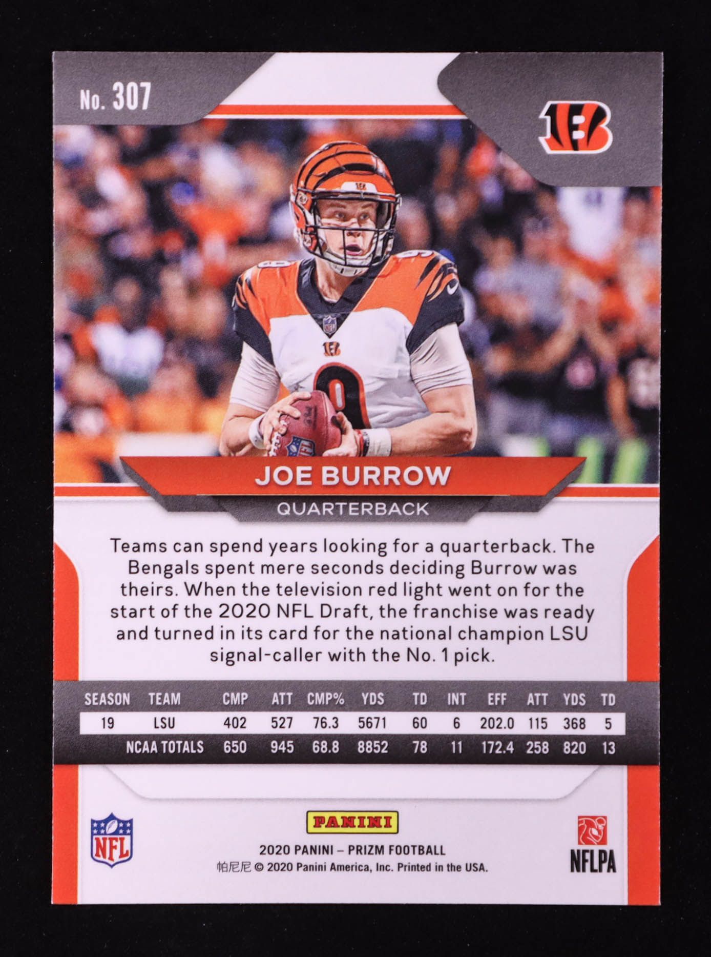 Joe Burrow 2020 Panini Prizm #307A RC at PristineAuction.com Joe Burrow 2020 Panini Prizm #307A RC at PristineAuction.com