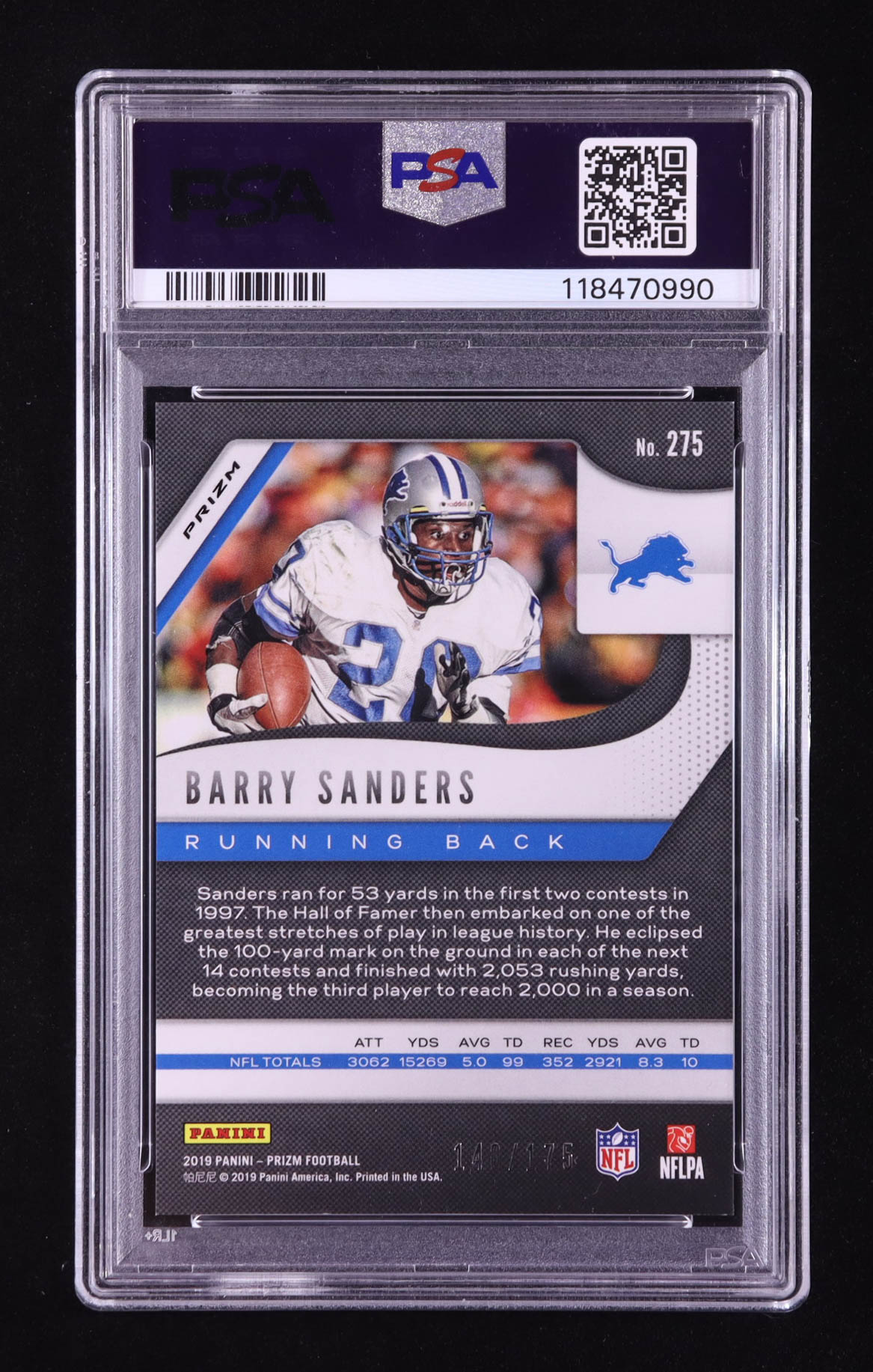 Barry Sanders 2019 Panini Prizm Prizms Hyper #275 #140/175 (PSA 9) at PristineAuction.com Barry Sanders 2019 Panini Prizm Prizms Hyper #275 #140/175 (PSA 9) at PristineAuction.com