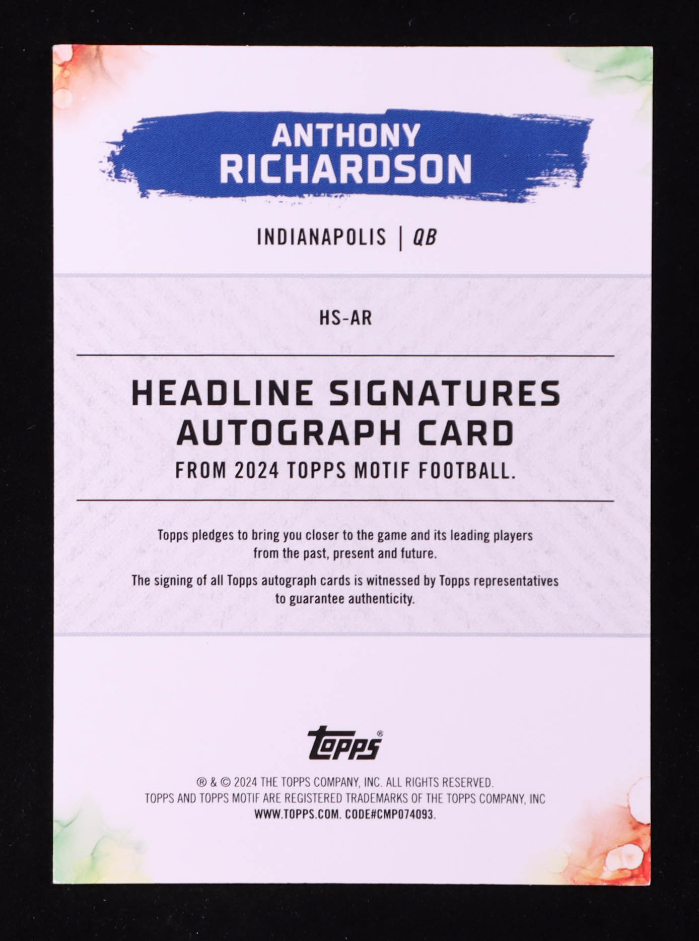 Anthony Richardson 2023 Topps Motif Headline Signatures #HSAR #12/49 RC at PristineAuction.com Anthony Richardson 2023 Topps Motif Headline Signatures #HSAR #12/49 RC at PristineAuction.com