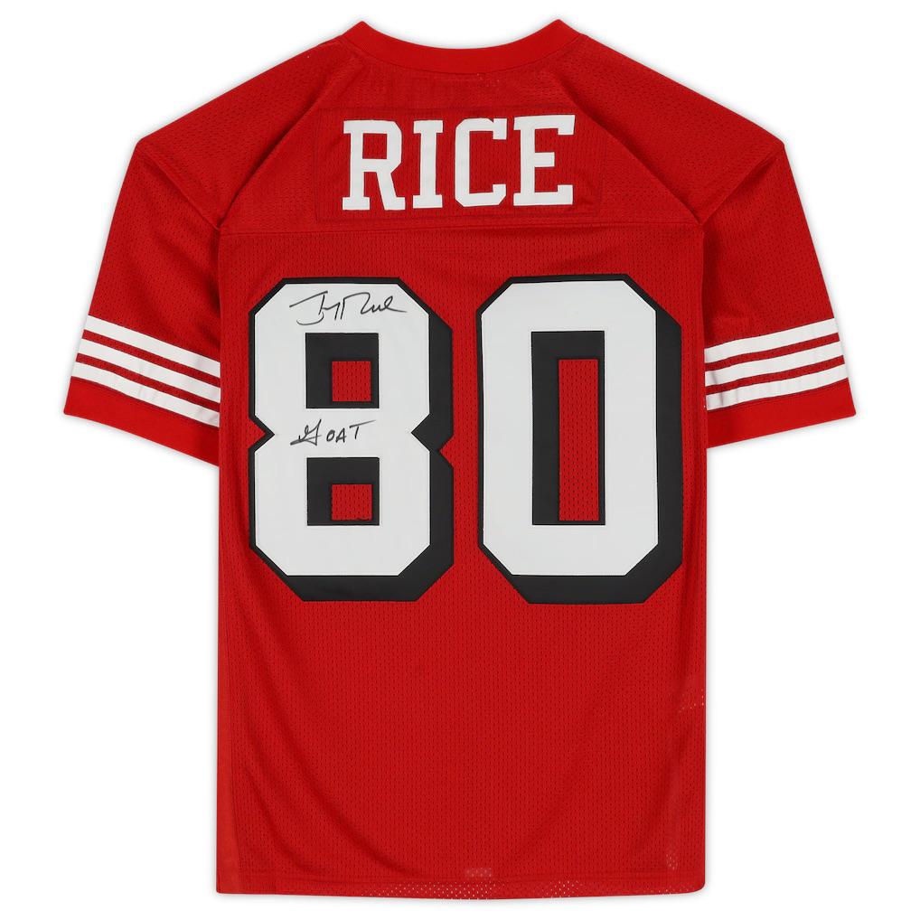Jerry Rice Signed 49ers Mitchell & Ness Authentic Jersey Inscribed "GOAT" (Fanatics) at PristineAuction.com Jerry Rice Signed 49ers Mitchell & Ness Authentic Jersey Inscribed "GOAT" (Fanatics) at PristineAuction.com