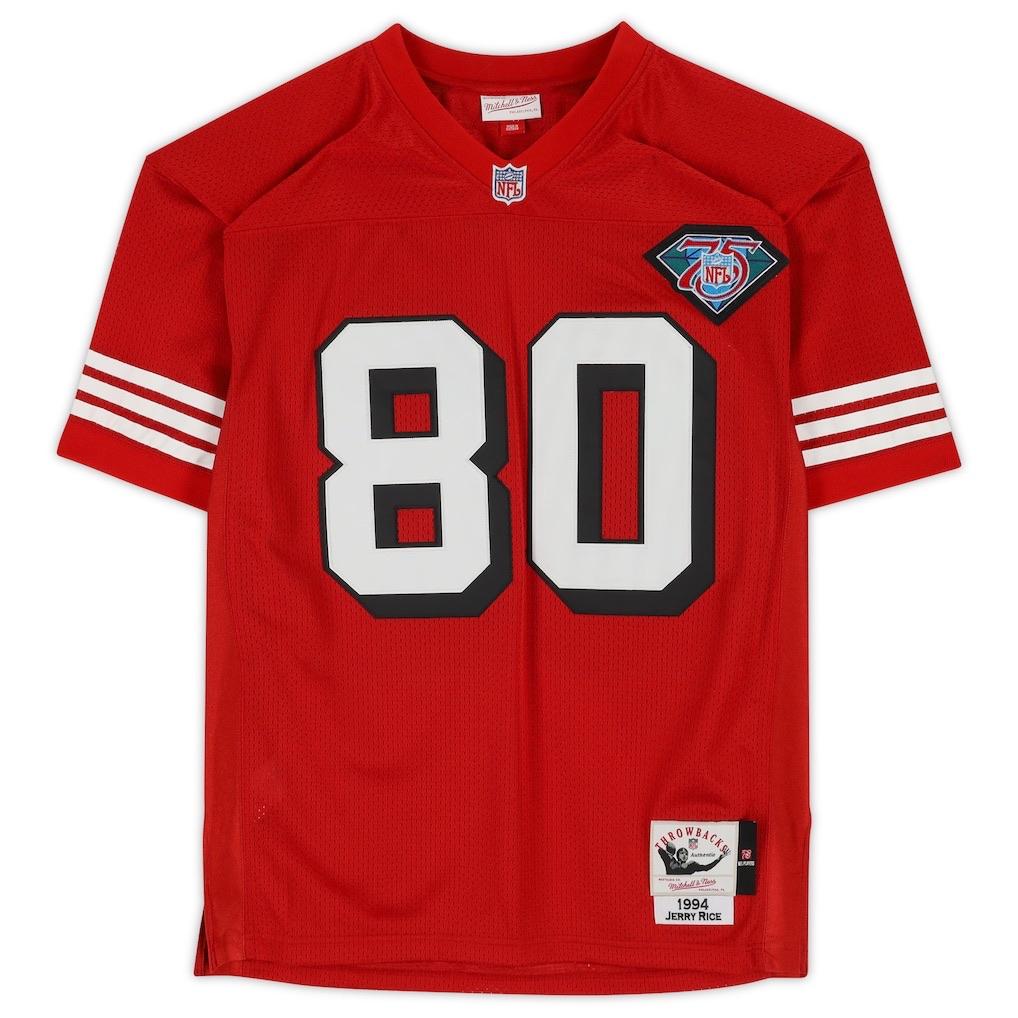 Jerry Rice Signed 49ers Mitchell & Ness Authentic Jersey Inscribed "GOAT" (Fanatics) at PristineAuction.com Jerry Rice Signed 49ers Mitchell & Ness Authentic Jersey Inscribed "GOAT" (Fanatics) at PristineAuction.com