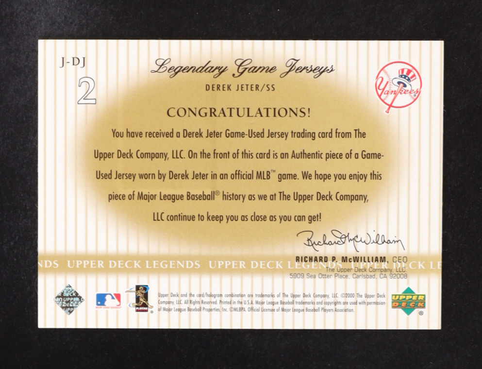 Derek Jeter 2000 Upper Deck Legends Legendary Game Jerseys #J-DJ at PristineAuction.com Derek Jeter 2000 Upper Deck Legends Legendary Game Jerseys #J-DJ at PristineAuction.com