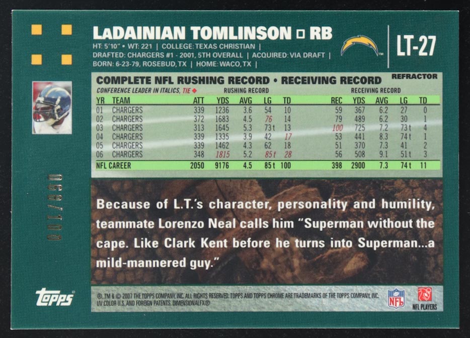 LaDainian Tomlinson 2007 Topps Chrome LaDainian Tomlinson White Refractors #LT27 #068/100 at PristineAuction.com LaDainian Tomlinson 2007 Topps Chrome LaDainian Tomlinson White Refractors #LT27 #068/100 at PristineAuction.com
