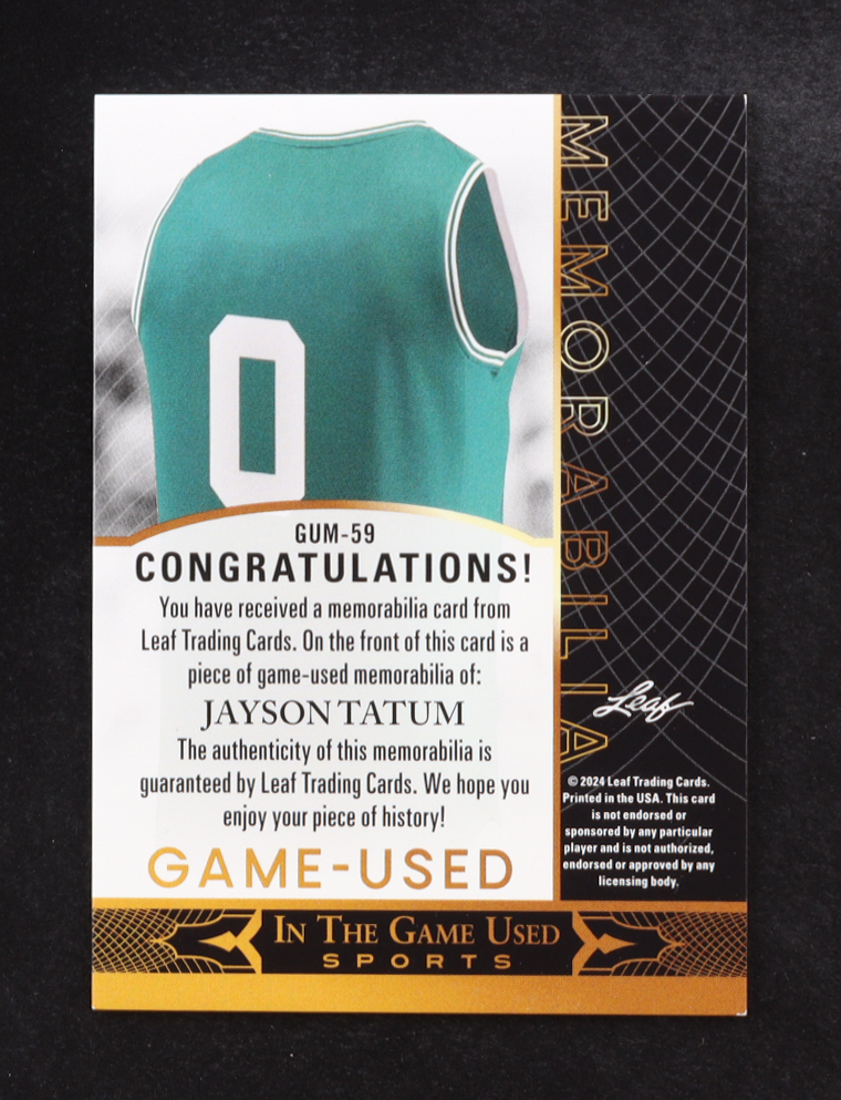 Jayson Tatum 2024 Leaf Game-Used In the Game Sports Memorabilia #GUM-59 at PristineAuction.com Jayson Tatum 2024 Leaf Game-Used In the Game Sports Memorabilia #GUM-59 at PristineAuction.com