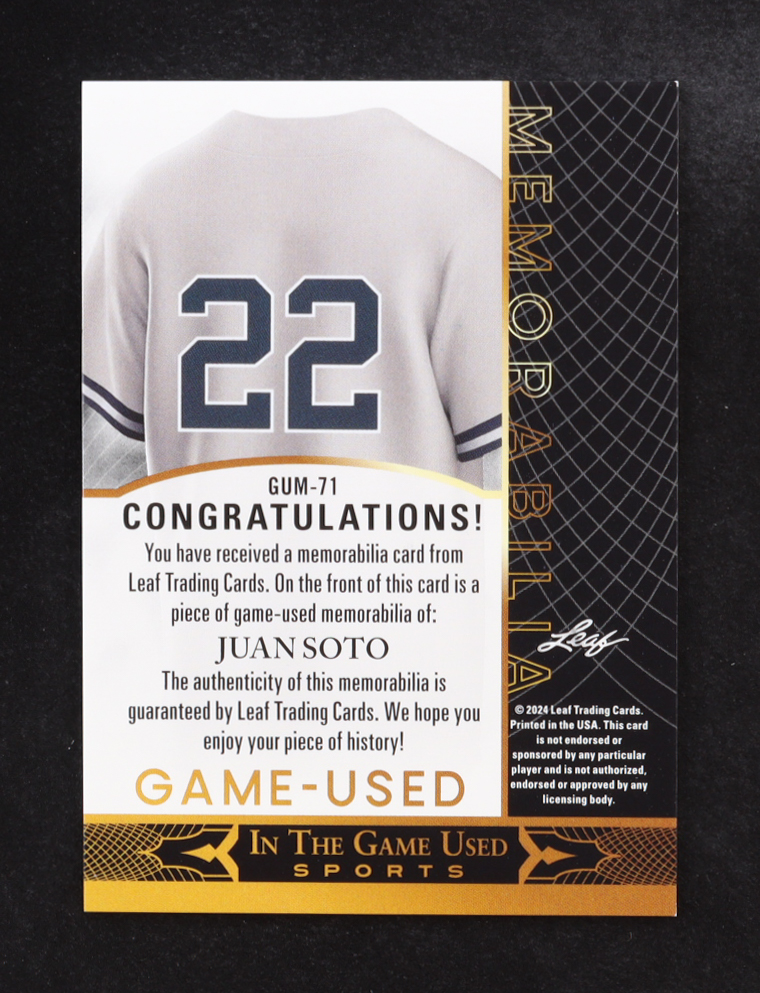Juan Soto 2024 Leaf Game-Used In the Game Sports Memorabilia #GUM-71 at PristineAuction.com Juan Soto 2024 Leaf Game-Used In the Game Sports Memorabilia #GUM-71 at PristineAuction.com