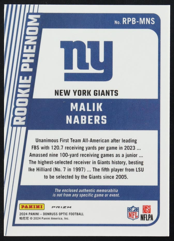 Malik Nabers 2024 Donruss Optic Rookie Phenoms Blue Hyper #28 RC at PristineAuction.com Malik Nabers 2024 Donruss Optic Rookie Phenoms Blue Hyper #28 RC at PristineAuction.com