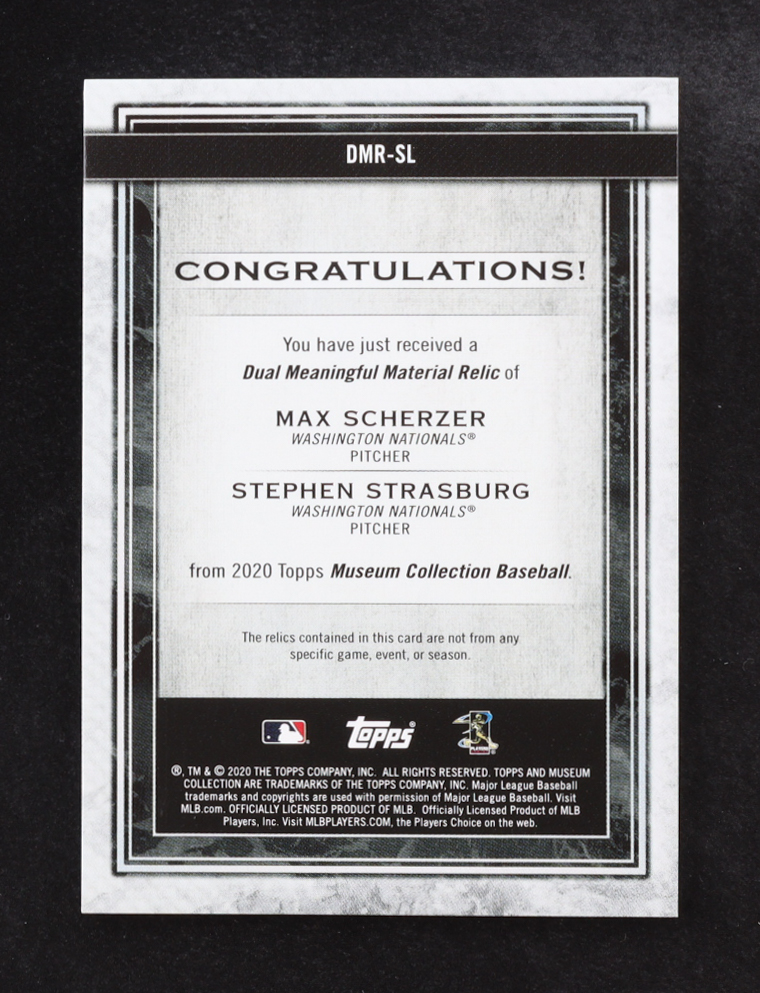 Max Scherzer / Stephen Strasburg 2020 Topps Dual Meaningful Material Relic #DMR-SL #26/35 at PristineAuction.com Max Scherzer / Stephen Strasburg 2020 Topps Dual Meaningful Material Relic #DMR-SL #26/35 at PristineAuction.com