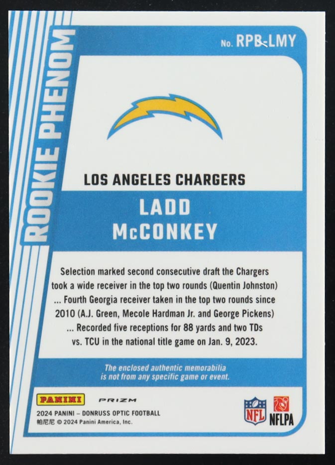 Ladd McConkey 2024 Donruss Optic Rookie Phenoms Blue Hyper #24 RC at PristineAuction.com Ladd McConkey 2024 Donruss Optic Rookie Phenoms Blue Hyper #24 RC at PristineAuction.com