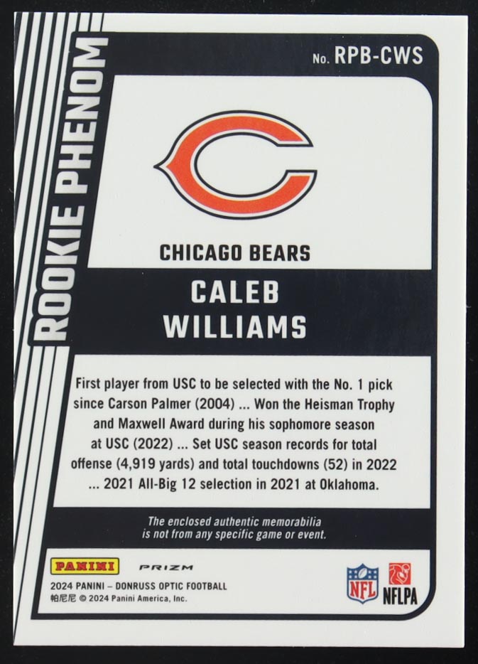 Caleb Williams 2024 Donruss Optic Rookie Phenoms Blue Hyper #1 RC at PristineAuction.com Caleb Williams 2024 Donruss Optic Rookie Phenoms Blue Hyper #1 RC at PristineAuction.com