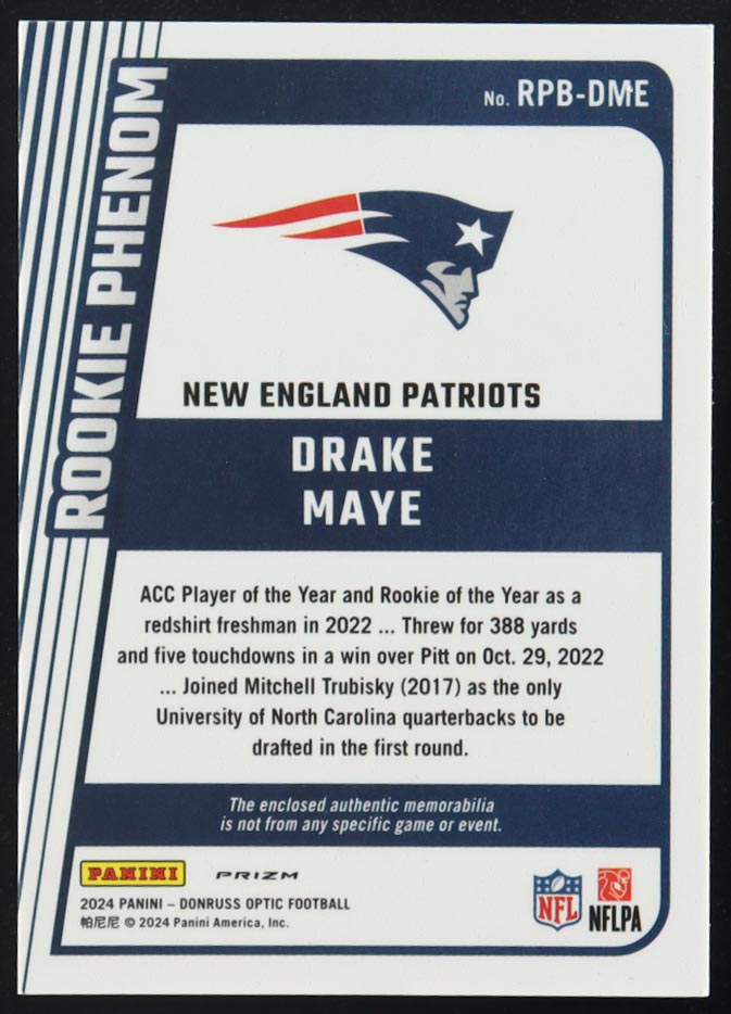 Drake Maye 2024 Donruss Optic Rookie Phenoms Blue Hyper #12 RC at PristineAuction.com Drake Maye 2024 Donruss Optic Rookie Phenoms Blue Hyper #12 RC at PristineAuction.com