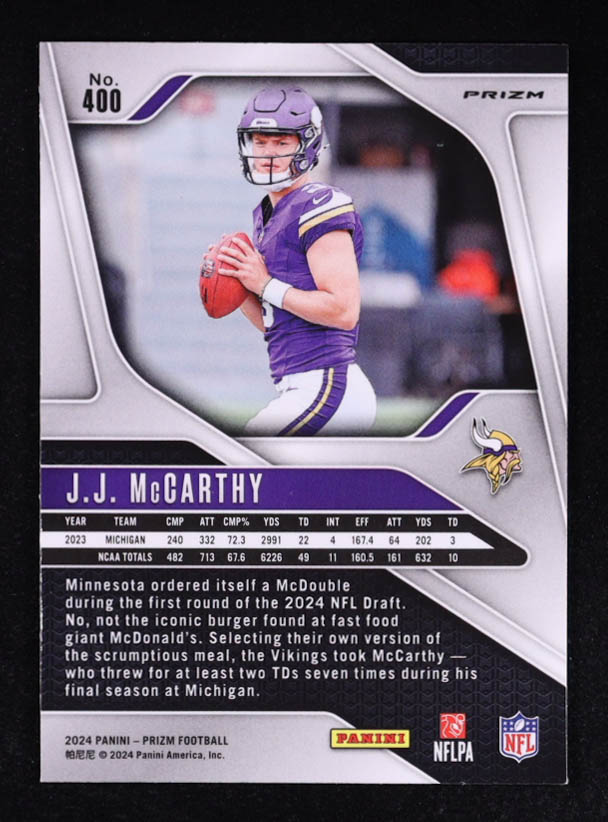 JJ McCarthy 2024 Panini Prizm Prizms Neon Green Pulsar #400 RC at PristineAuction.com JJ McCarthy 2024 Panini Prizm Prizms Neon Green Pulsar #400 RC at PristineAuction.com
