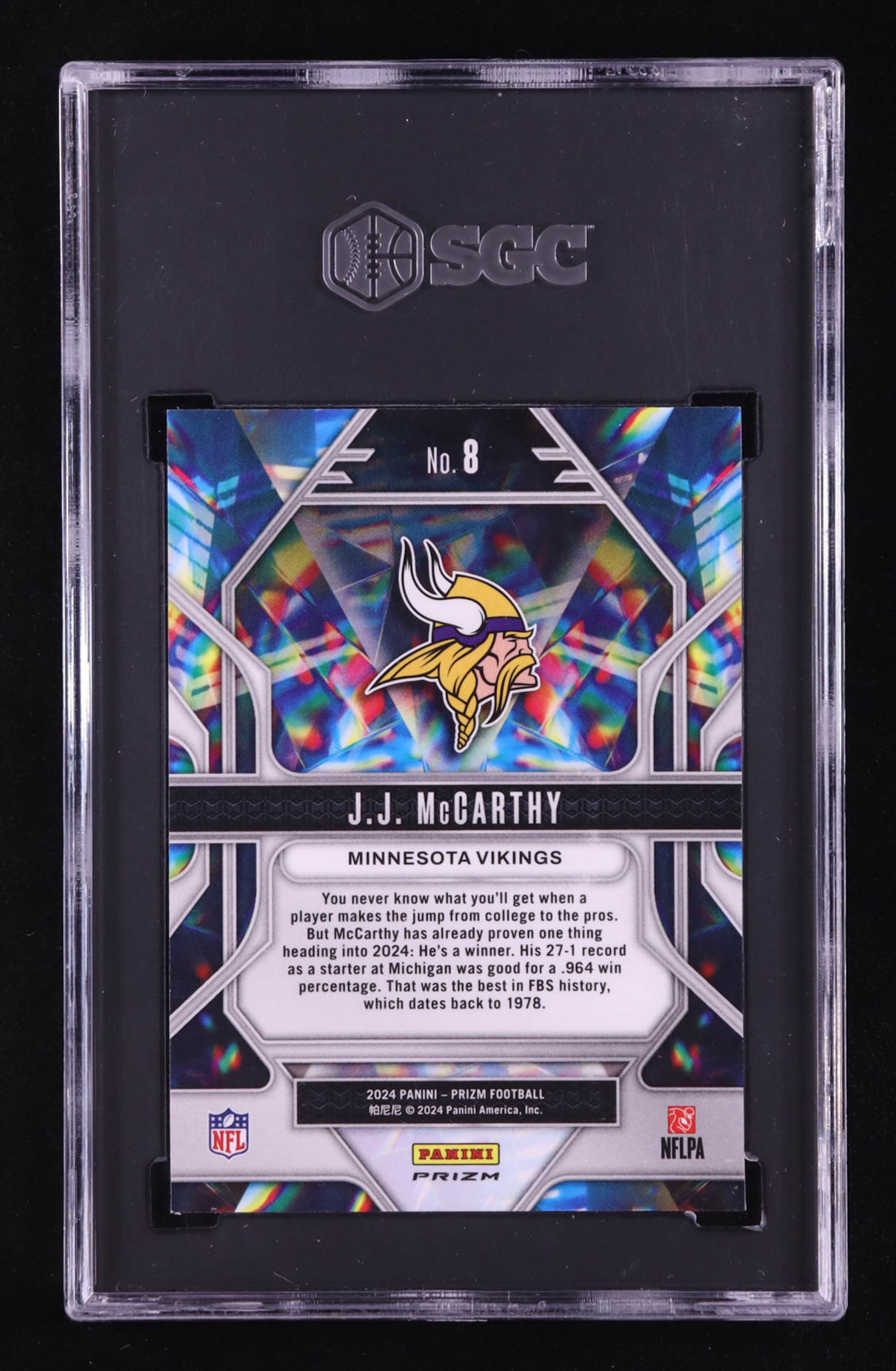 JJ McCarthy 2024 Panini Prizm Prizmatic Prizms Green Wave #8 RC (SGC 10) at PristineAuction.com JJ McCarthy 2024 Panini Prizm Prizmatic Prizms Green Wave #8 RC (SGC 10) at PristineAuction.com