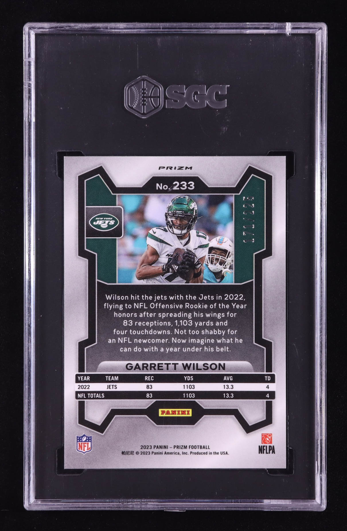Garrett Wilson 2023 Panini Prizm Prizms Purple Ice #233 #171/225 (SGC 10) at PristineAuction.com Garrett Wilson 2023 Panini Prizm Prizms Purple Ice #233 #171/225 (SGC 10) at PristineAuction.com
