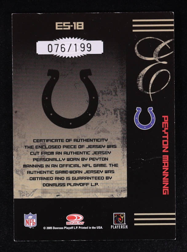 Peyton Manning 2005 Donruss Elite Series Jerseys #ES18 #76/199 at PristineAuction.com Peyton Manning 2005 Donruss Elite Series Jerseys #ES18 #76/199 at PristineAuction.com