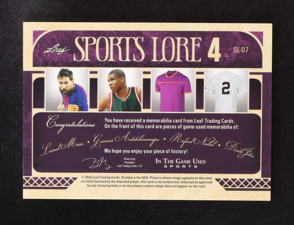 Lionel Messi / Giannis Antetokounmpo / Rafael Nadal / Derek Jeter 2022 Leaf ITG Used Sports Sports Lore 4 Red #SL07 #33/40 at PristineAuction.com Lionel Messi / Giannis Antetokounmpo / Rafael Nadal / Derek Jeter 2022 Leaf ITG Used Sports Sports Lore 4 Red #SL07 #33/40 at PristineAuction.com