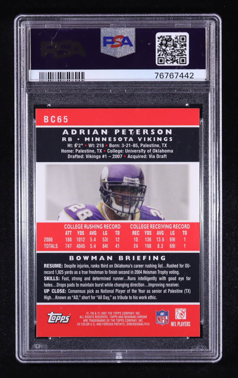 Adrian Peterson 2007 Bowman Chrome #BC65 RC (PSA 9) at PristineAuction.com Adrian Peterson 2007 Bowman Chrome #BC65 RC (PSA 9) at PristineAuction.com