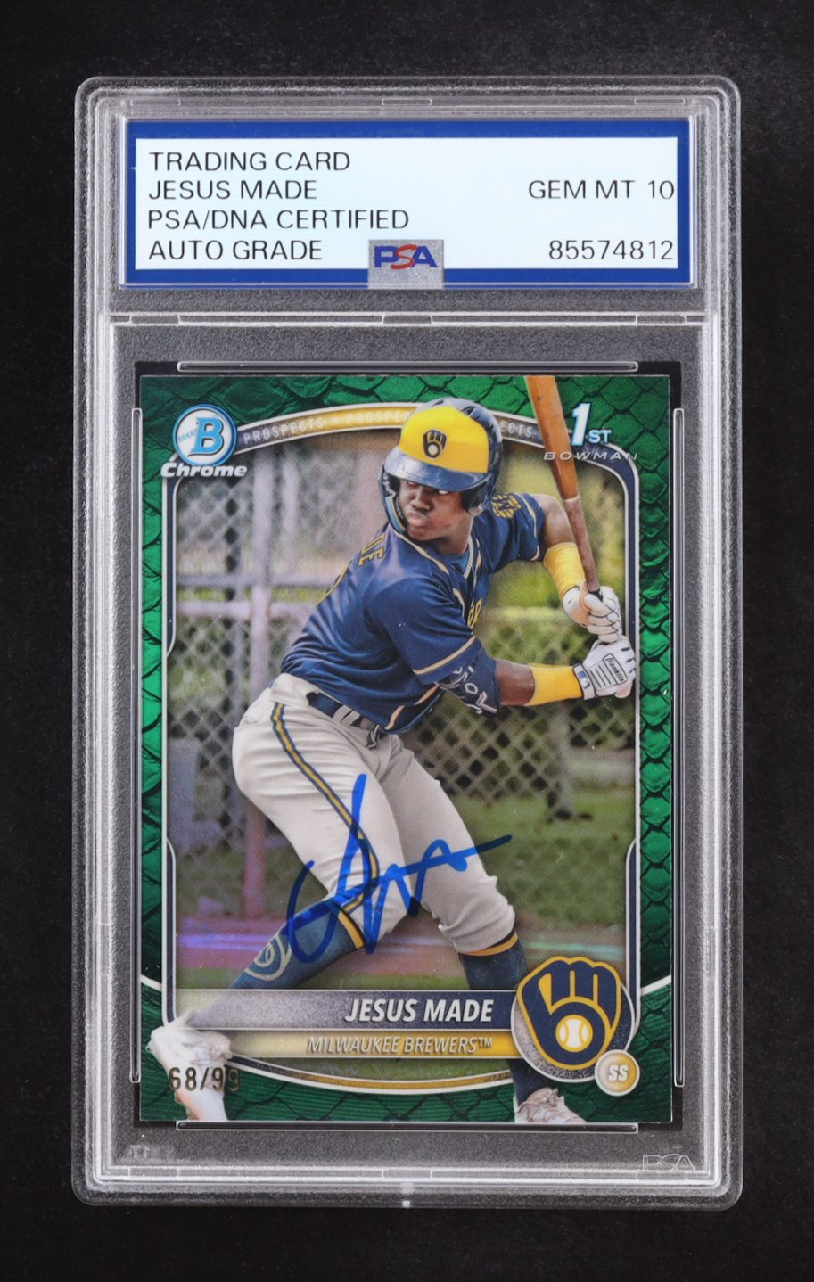 Jesus Made Signed 2025 Bowman Chrome Prospects Green Reptilian Refractors #BCP50 #68/99 RC (PSA | Auto Grade PSA 10) at PristineAuction.com Jesus Made Signed 2025 Bowman Chrome Prospects Green Reptilian Refractors #BCP50 #68/99 RC (PSA | Auto Grade PSA 10) at PristineAuction.com