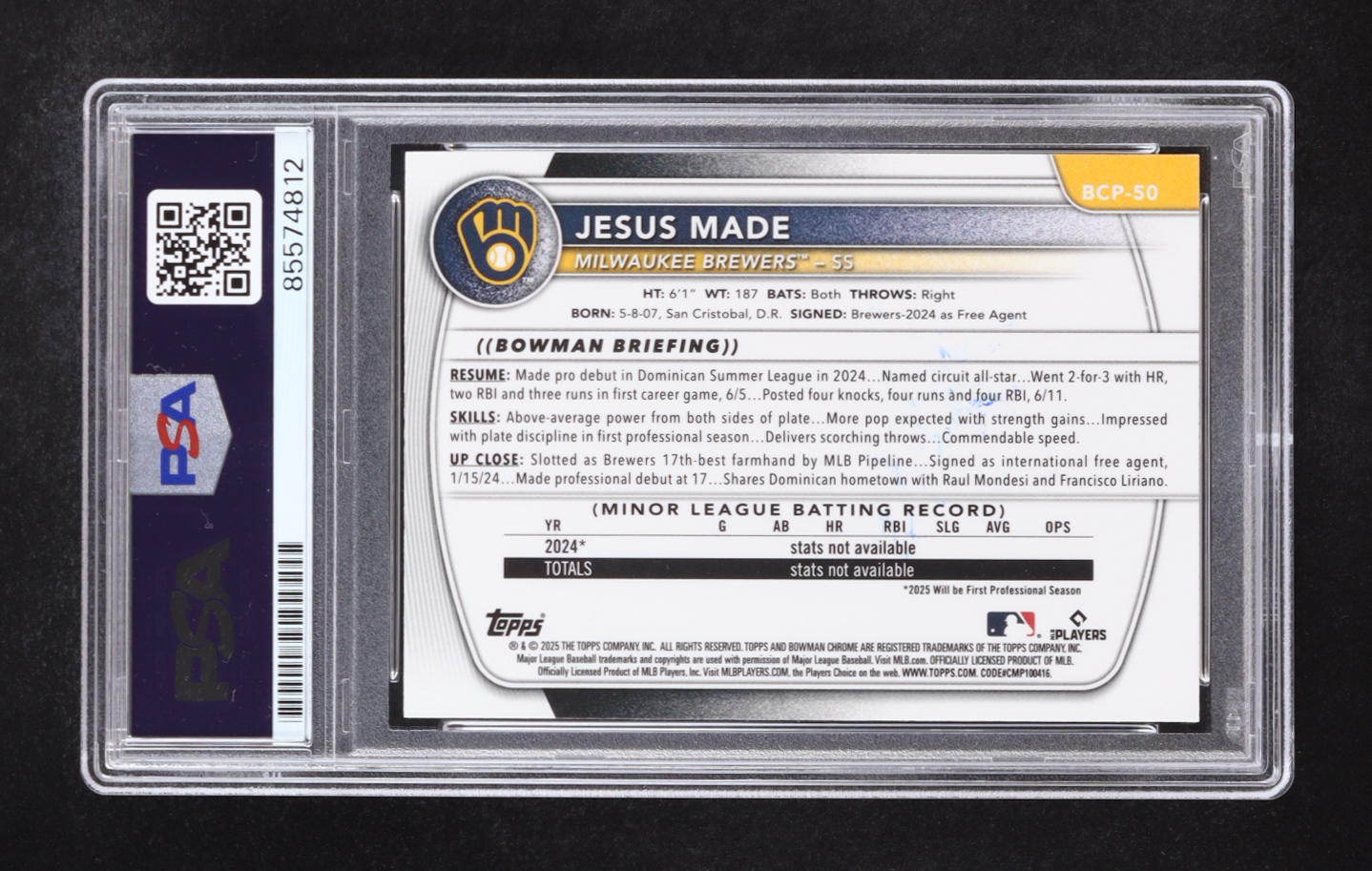 Jesus Made Signed 2025 Bowman Chrome Prospects Green Reptilian Refractors #BCP50 #68/99 RC (PSA | Auto Grade PSA 10) at PristineAuction.com Jesus Made Signed 2025 Bowman Chrome Prospects Green Reptilian Refractors #BCP50 #68/99 RC (PSA | Auto Grade PSA 10) at PristineAuction.com