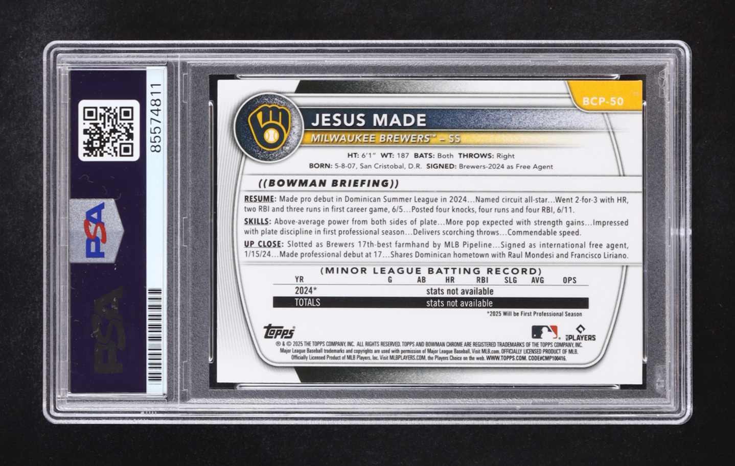 Jesus Made 2025 Bowman Chrome Prospects Green Refractors #BCP50 #92/99 RC (PSA | Auto Grade PSA 10) at PristineAuction.com Jesus Made 2025 Bowman Chrome Prospects Green Refractors #BCP50 #92/99 RC (PSA | Auto Grade PSA 10) at PristineAuction.com