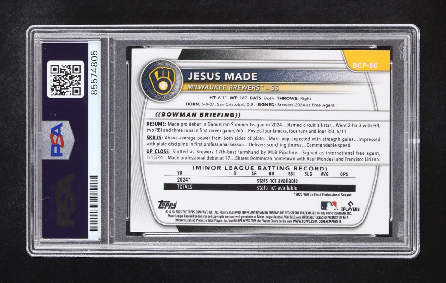 Jesus Made Signed 2025 Bowman Chrome Prospects #BCP50 RC Inscribed "My 1st Bowman" (PSA | Auto Grade PSA 10) at PristineAuction.com Jesus Made Signed 2025 Bowman Chrome Prospects #BCP50 RC Inscribed "My 1st Bowman" (PSA | Auto Grade PSA 10) at PristineAuction.com