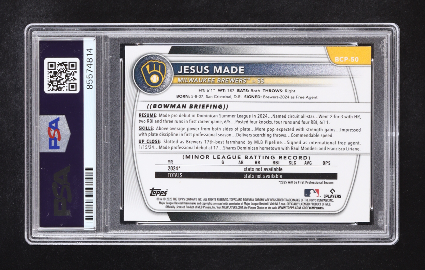 Jesus Made Signed 2025 Bowman Chrome Prospects X-Fractors #BCP50 RC (PSA | Auto Grade PSA 10) at PristineAuction.com Jesus Made Signed 2025 Bowman Chrome Prospects X-Fractors #BCP50 RC (PSA | Auto Grade PSA 10) at PristineAuction.com