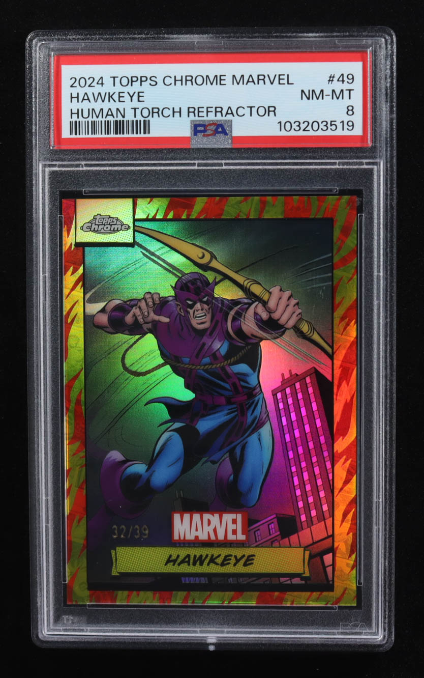 Hawkeye 2024 Topps Chrome UK Marvel Human Torch Refractors #49 #32/39 (PSA 8) at PristineAuction.com Hawkeye 2024 Topps Chrome UK Marvel Human Torch Refractors #49 #32/39 (PSA 8) at PristineAuction.com
