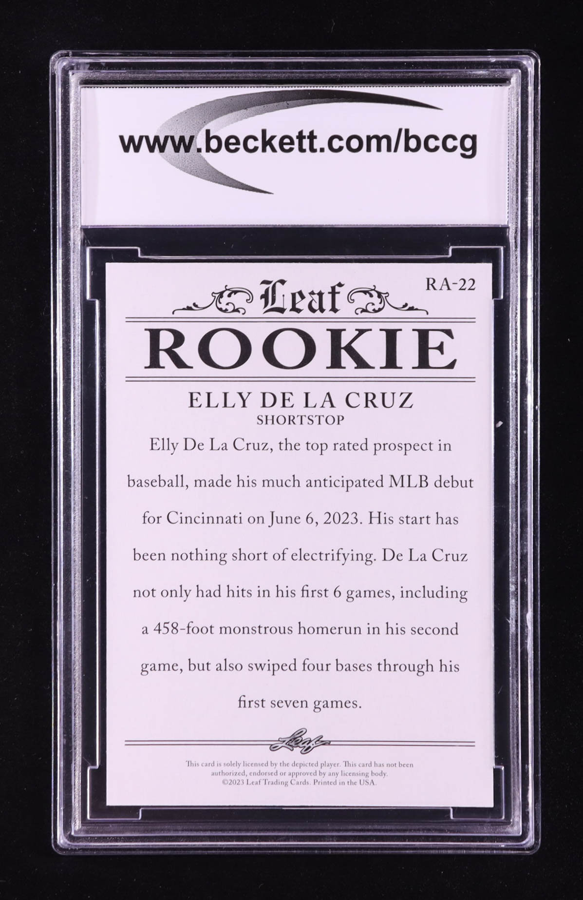 Elly De La Cruz 2023 Leaf Special Release Rookie Achievement #RA22 RC (BCCG 9) at PristineAuction.com Elly De La Cruz 2023 Leaf Special Release Rookie Achievement #RA22 RC (BCCG 9) at PristineAuction.com