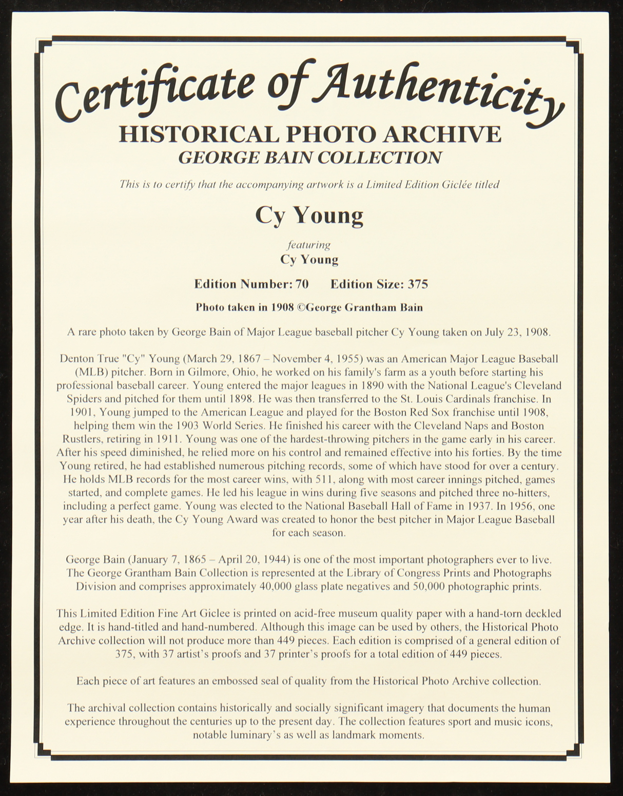 Historical Photo Archive - Cy Young "Cy Young" Limited Edition 16.5x22 Fine Art Giclee on Paper #70/375 at PristineAuction.com Historical Photo Archive - Cy Young "Cy Young" Limited Edition 16.5x22 Fine Art Giclee on Paper #70/375 at PristineAuction.com