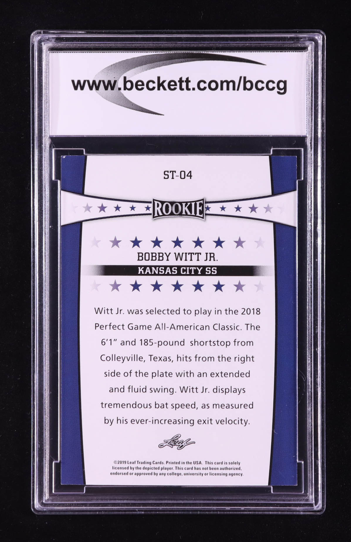 Bobby Witt Jr. 2019 Leaf Special Release Rookie Stars #ST04 RC (BCCG 9) at PristineAuction.com Bobby Witt Jr. 2019 Leaf Special Release Rookie Stars #ST04 RC (BCCG 9) at PristineAuction.com