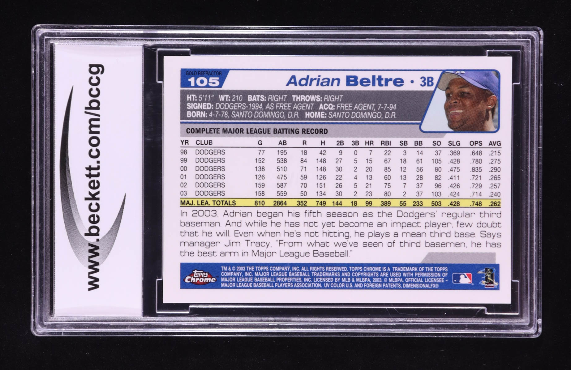 Adrian Beltre 2004 Topps Chrome Gold Refractors #105 (BCCG 10) at PristineAuction.com Adrian Beltre 2004 Topps Chrome Gold Refractors #105 (BCCG 10) at PristineAuction.com