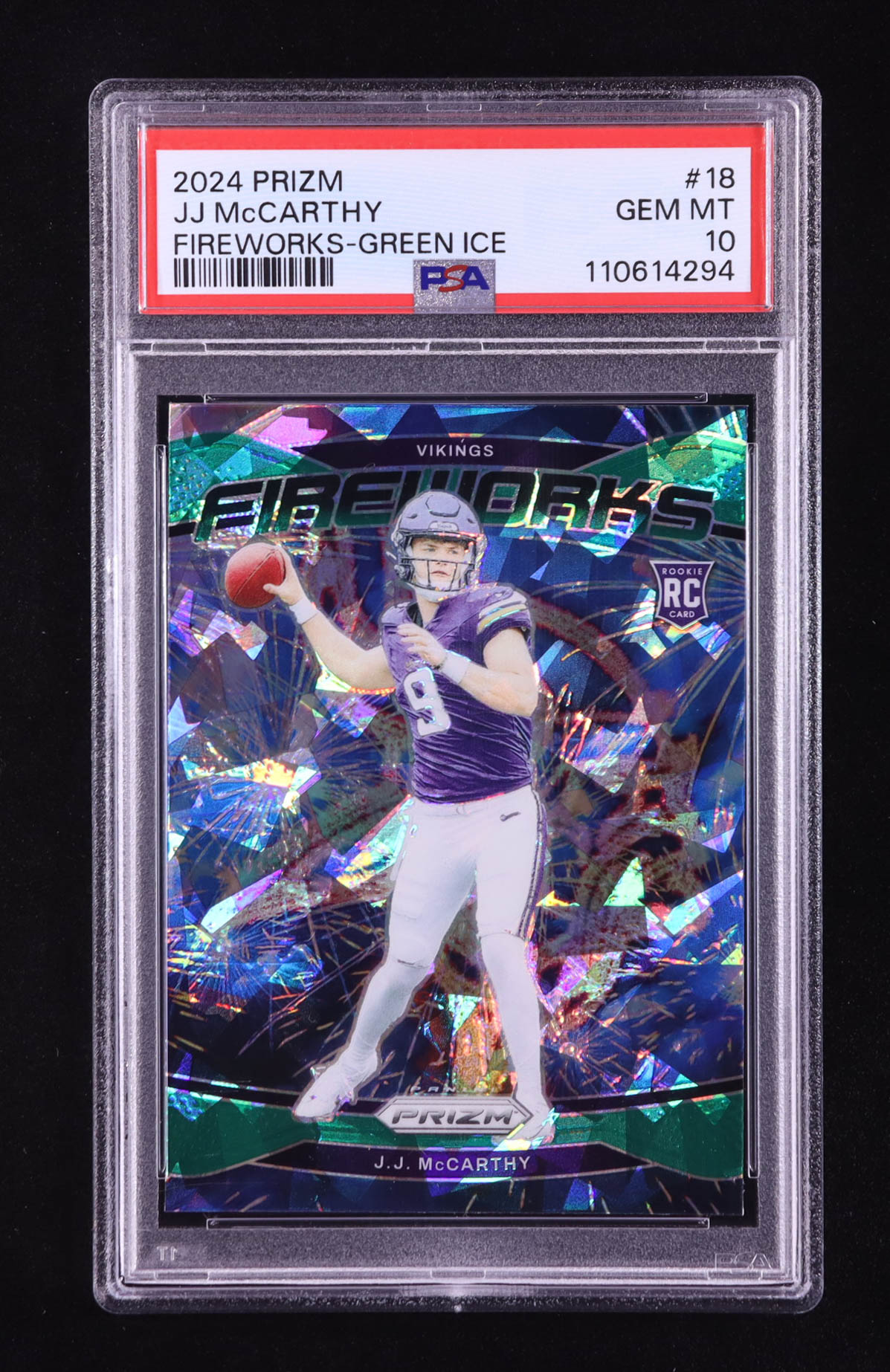 JJ McCarthy 2024 Panini Prizm Fireworks Prizms Green Ice #18 RC (PSA 10) at PristineAuction.com JJ McCarthy 2024 Panini Prizm Fireworks Prizms Green Ice #18 RC (PSA 10) at PristineAuction.com