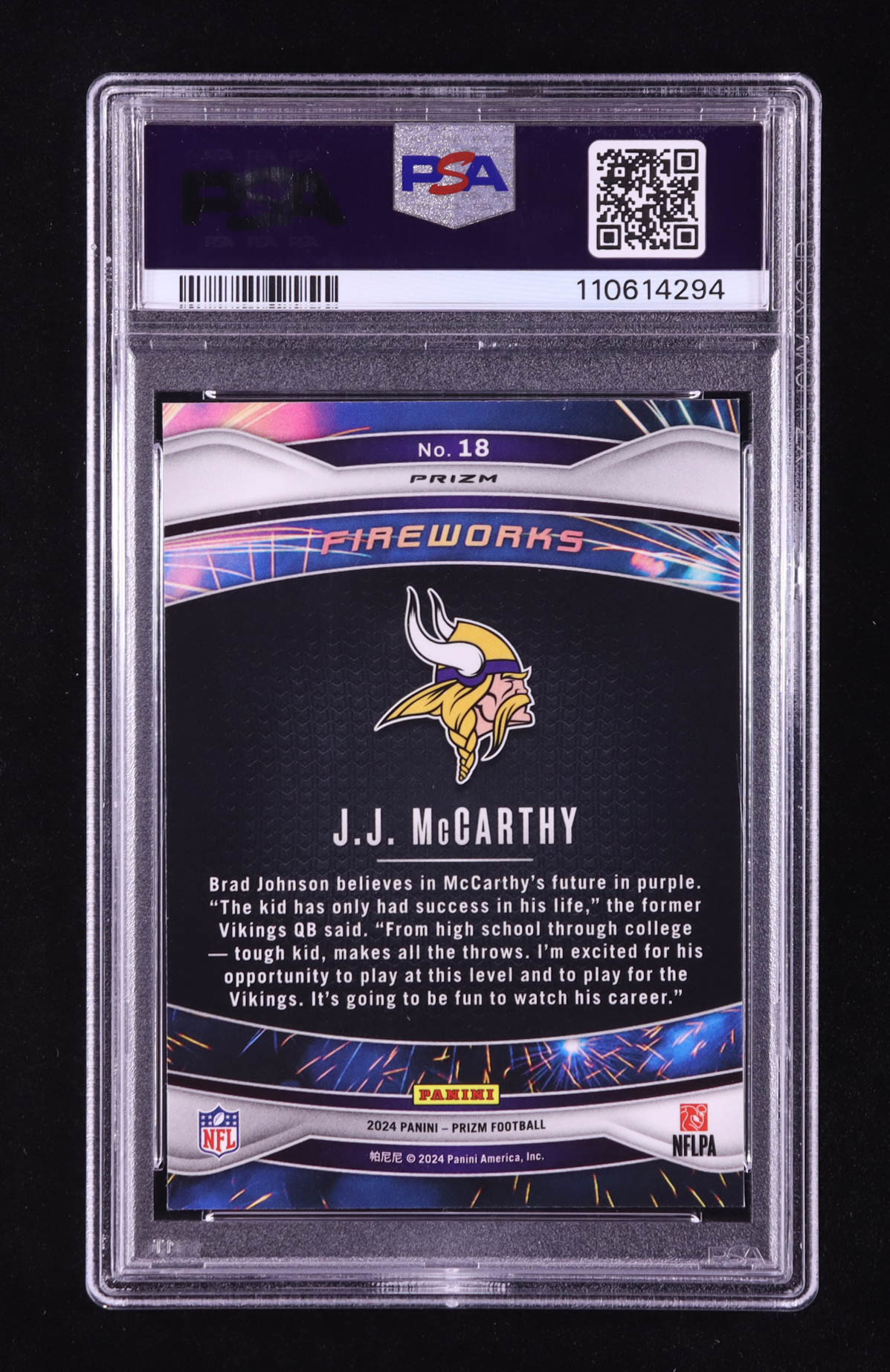 JJ McCarthy 2024 Panini Prizm Fireworks Prizms Green Ice #18 RC (PSA 10) at PristineAuction.com JJ McCarthy 2024 Panini Prizm Fireworks Prizms Green Ice #18 RC (PSA 10) at PristineAuction.com