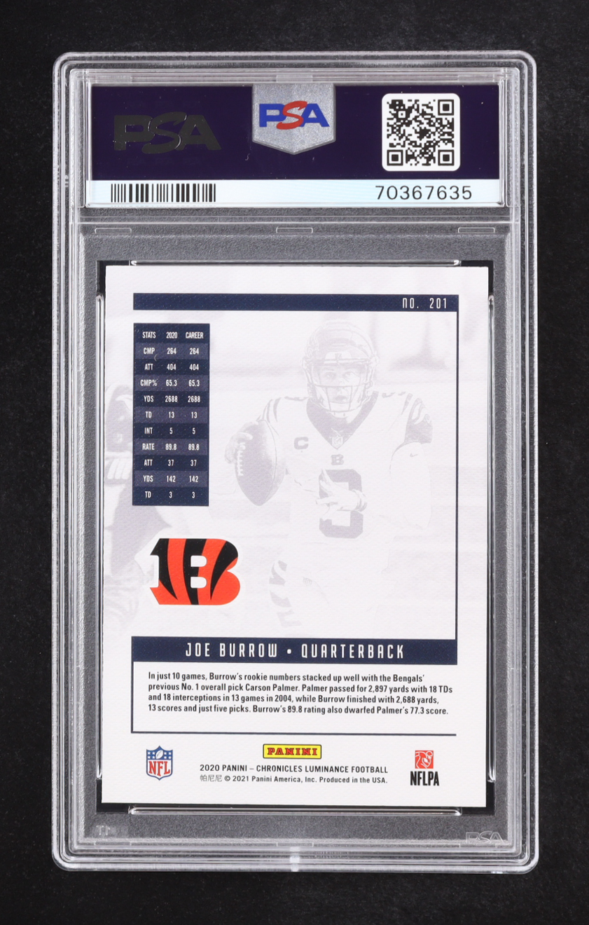 Joe Burrow 2020 Panini Luminance CHRONICLES #201 RC (PSA 10) at PristineAuction.com Joe Burrow 2020 Panini Luminance CHRONICLES #201 RC (PSA 10) at PristineAuction.com