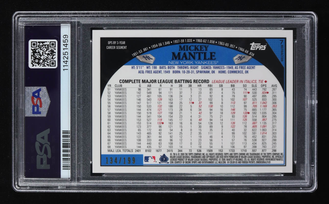 Mickey Mantle 2009 Topps Chrome Blue Refractors #7 #134/199 (PSA 9) at PristineAuction.com Mickey Mantle 2009 Topps Chrome Blue Refractors #7 #134/199 (PSA 9) at PristineAuction.com