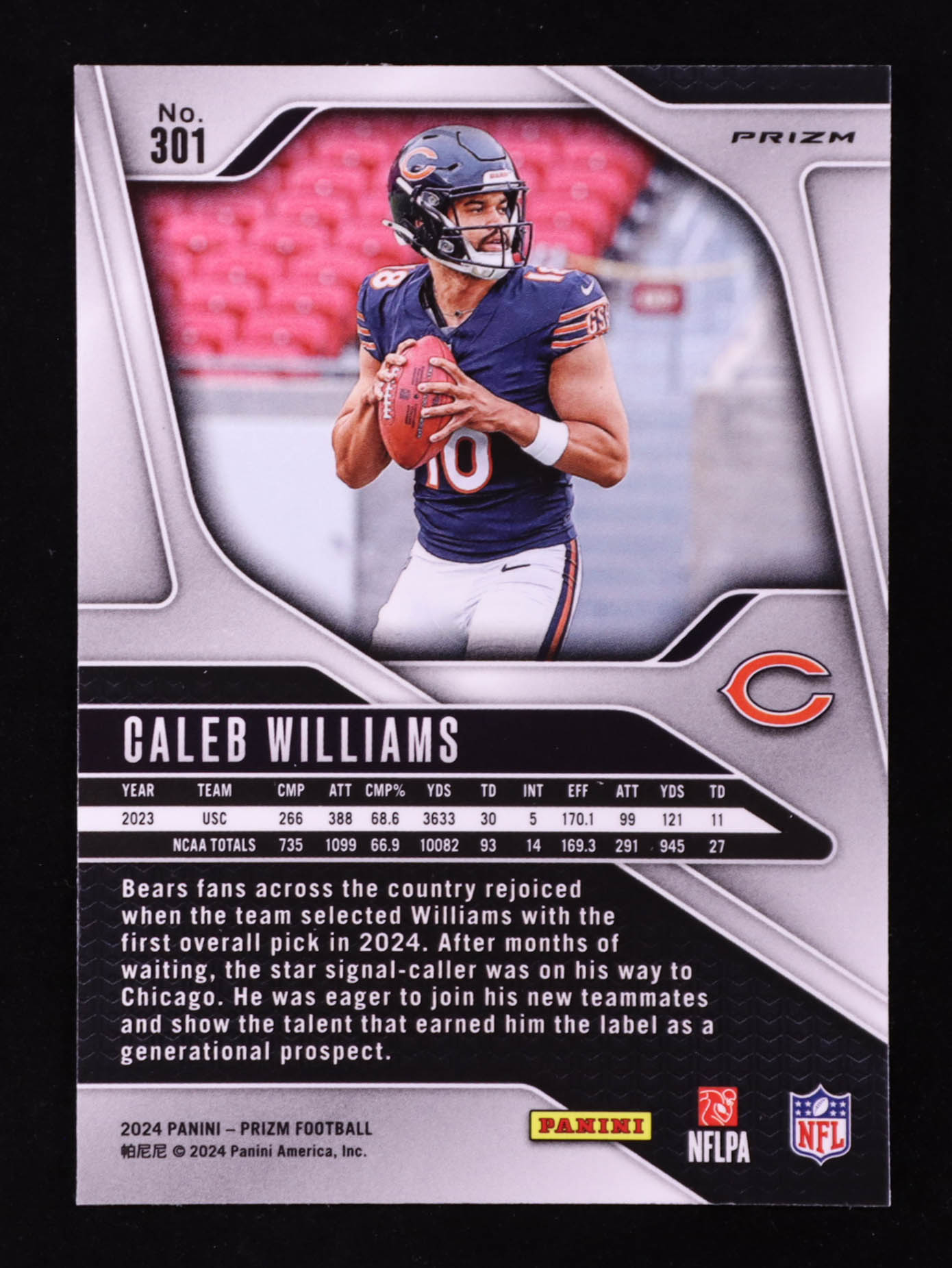 Caleb Williams 2024 Panini Prizm Red White and Blue #301 RC at PristineAuction.com Caleb Williams 2024 Panini Prizm Red White and Blue #301 RC at PristineAuction.com