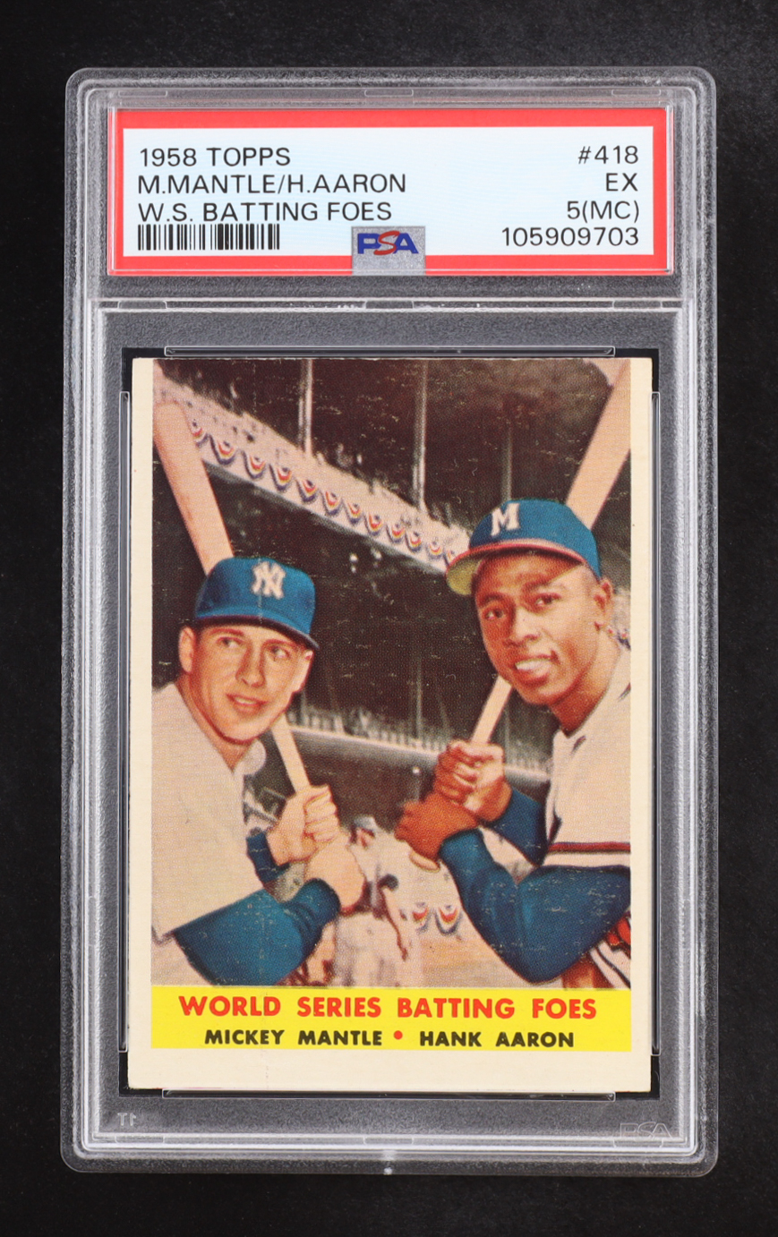 Mickey Mantle / Hank Aaron 1958 Topps #418 World Series Batting Foes (PSA 5) (MC) at PristineAuction.com Mickey Mantle / Hank Aaron 1958 Topps #418 World Series Batting Foes (PSA 5) (MC) at PristineAuction.com