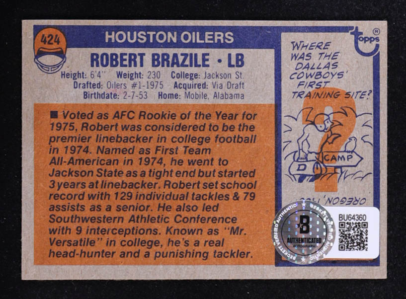 Robert Brazile Signed 1976 Topps #424 RC Inscribed "HOF 18" (Beckett) at PristineAuction.com Robert Brazile Signed 1976 Topps #424 RC Inscribed "HOF 18" (Beckett) at PristineAuction.com