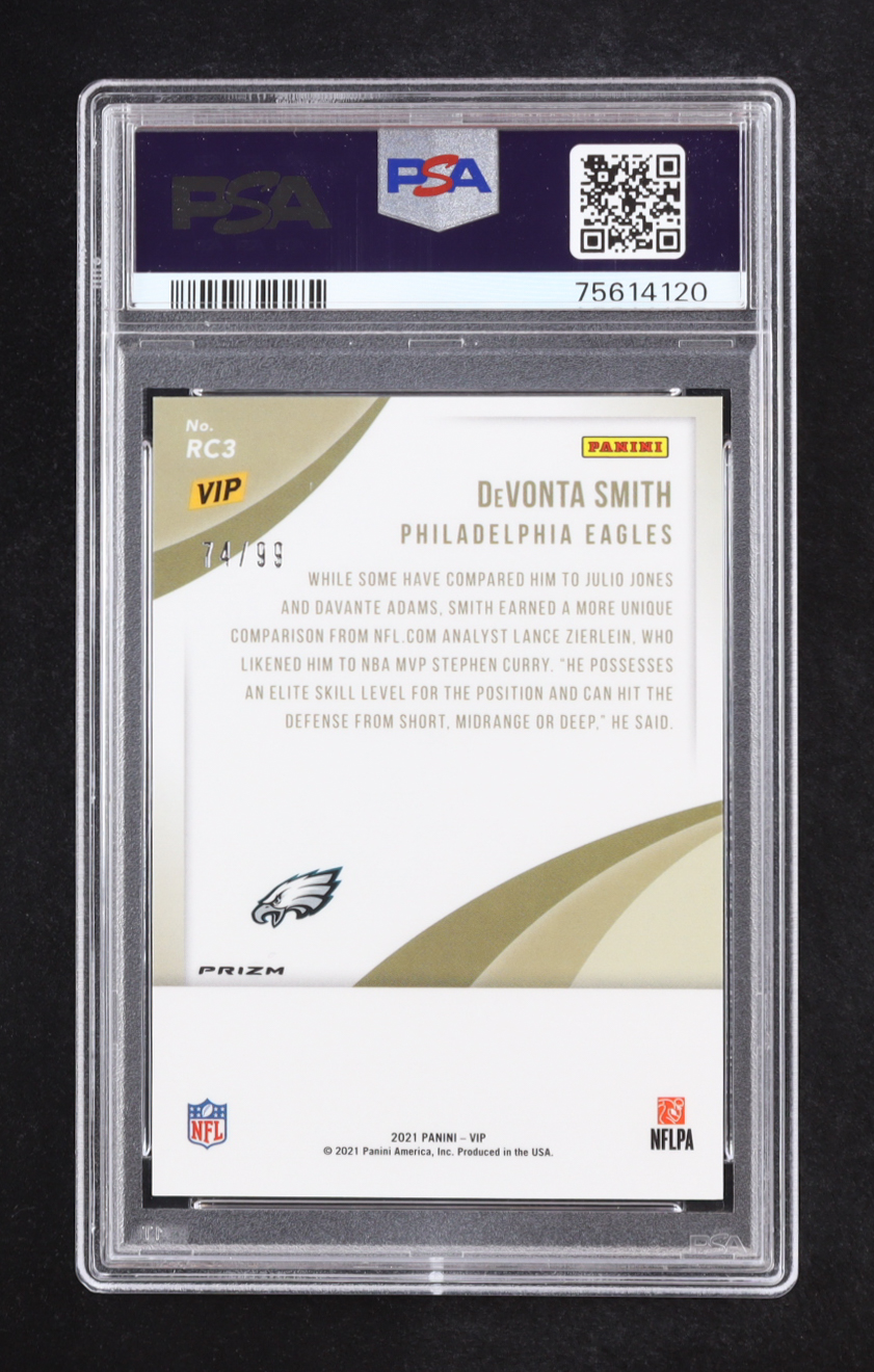 DeVonta Smith 2022 Panini National Convention VIP Rookies Cracked Ice #RC3 #74/99 RC (PSA 9) at PristineAuction.com DeVonta Smith 2022 Panini National Convention VIP Rookies Cracked Ice #RC3 #74/99 RC (PSA 9) at PristineAuction.com