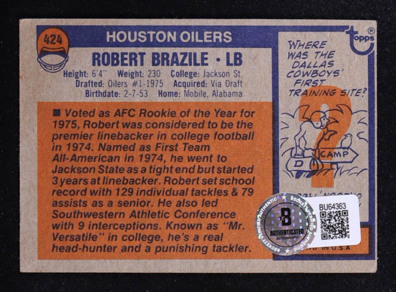 Robert Brazile Signed 1976 Topps #424 RC Inscribed "HOF 18" (Beckett) at PristineAuction.com Robert Brazile Signed 1976 Topps #424 RC Inscribed "HOF 18" (Beckett) at PristineAuction.com