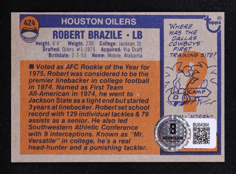 Robert Brazile Signed 1976 Topps #424 RC Inscribed "HOF 18" (Beckett) at PristineAuction.com Robert Brazile Signed 1976 Topps #424 RC Inscribed "HOF 18" (Beckett) at PristineAuction.com