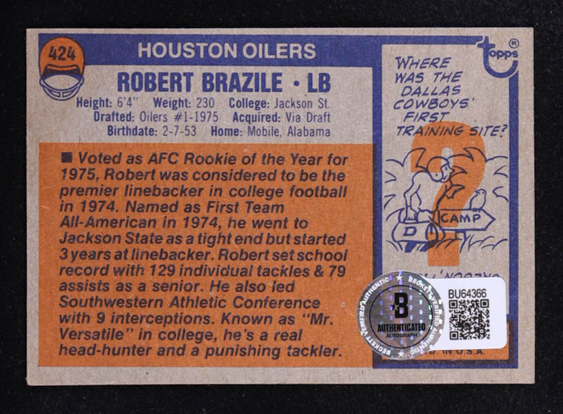 Robert Brazile Signed 1976 Topps #424 RC Inscribed "HOF 18" (Beckett) at PristineAuction.com Robert Brazile Signed 1976 Topps #424 RC Inscribed "HOF 18" (Beckett) at PristineAuction.com