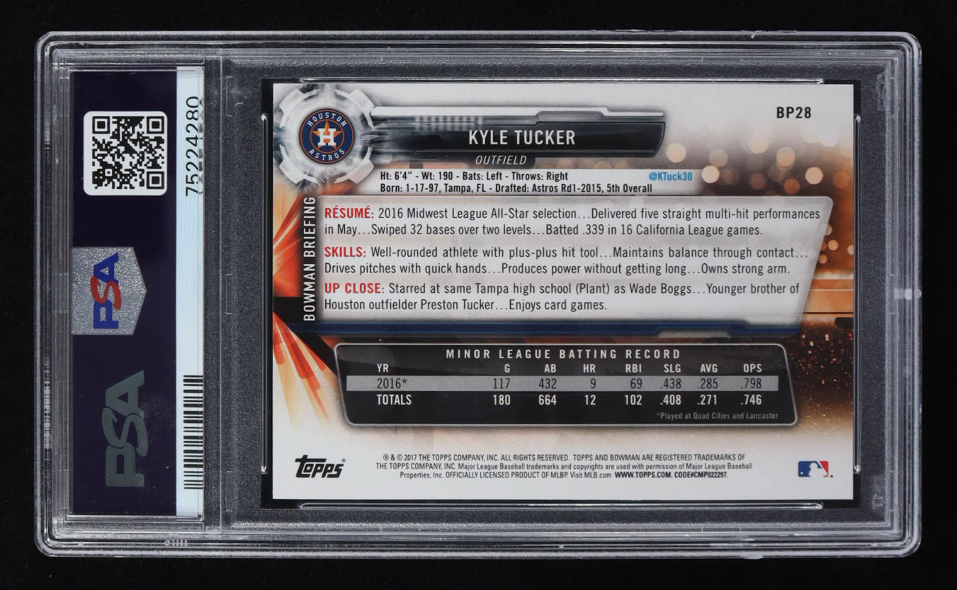 Kyle Tucker 2017 Bowman Prospects Yellow #BP28 RC (PSA 10) at PristineAuction.com Kyle Tucker 2017 Bowman Prospects Yellow #BP28 RC (PSA 10) at PristineAuction.com