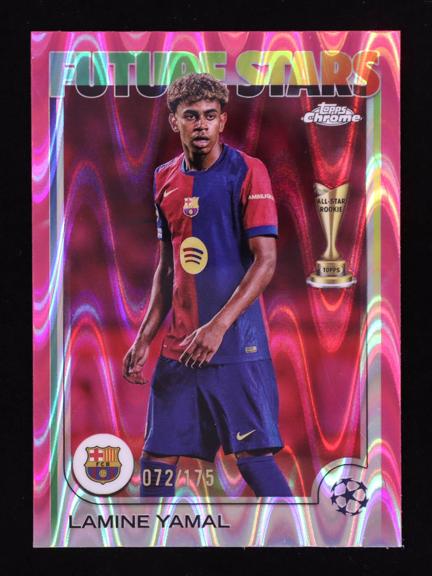 Lamine Yamal 2025 Topps Chrome Future Stars UEFA Club Competitions Neon Pink RayWave Refractors #27 #072/175 at PristineAuction.com Lamine Yamal 2025 Topps Chrome Future Stars UEFA Club Competitions Neon Pink RayWave Refractors #27 #072/175 at PristineAuction.com