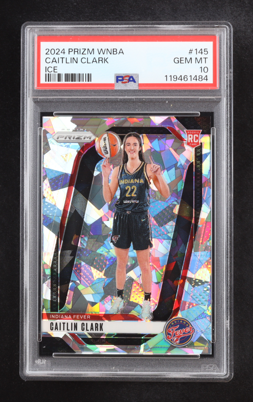 Caitlin Clark 2024 Panini Prizm WNBA Ice Prizm #145 RC (PSA 10) at PristineAuction.com Caitlin Clark 2024 Panini Prizm WNBA Ice Prizm #145 RC (PSA 10) at PristineAuction.com
