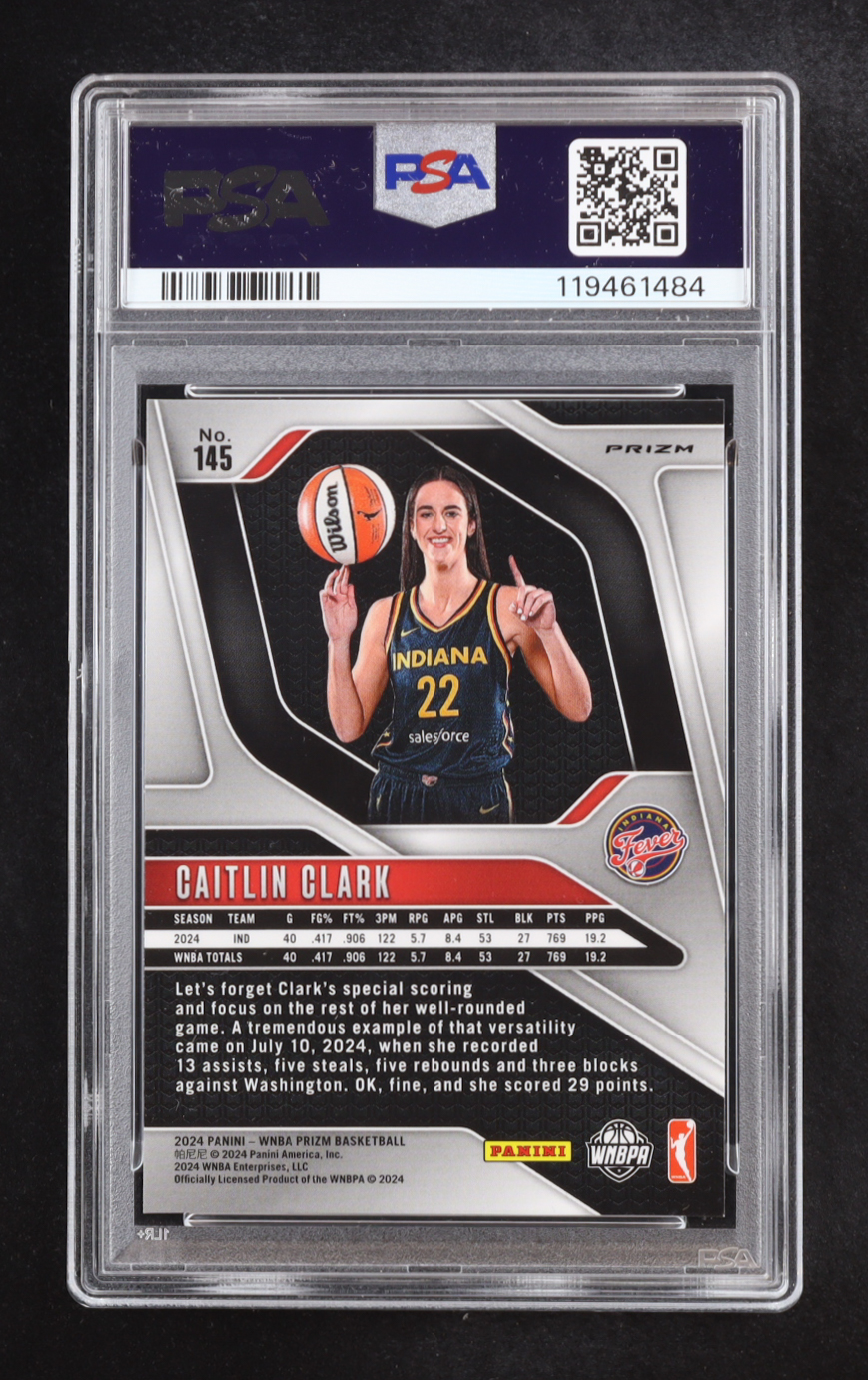 Caitlin Clark 2024 Panini Prizm WNBA Ice Prizm #145 RC (PSA 10) at PristineAuction.com Caitlin Clark 2024 Panini Prizm WNBA Ice Prizm #145 RC (PSA 10) at PristineAuction.com
