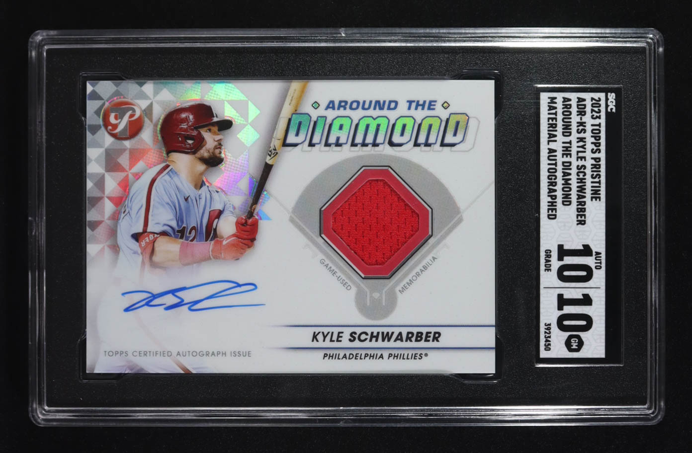 Kyle Schwarber 2023 Topps Pristine Around the Diamond Autograph Relics #ADR-KS (SGC 10) at PristineAuction.com Kyle Schwarber 2023 Topps Pristine Around the Diamond Autograph Relics #ADR-KS (SGC 10) at PristineAuction.com