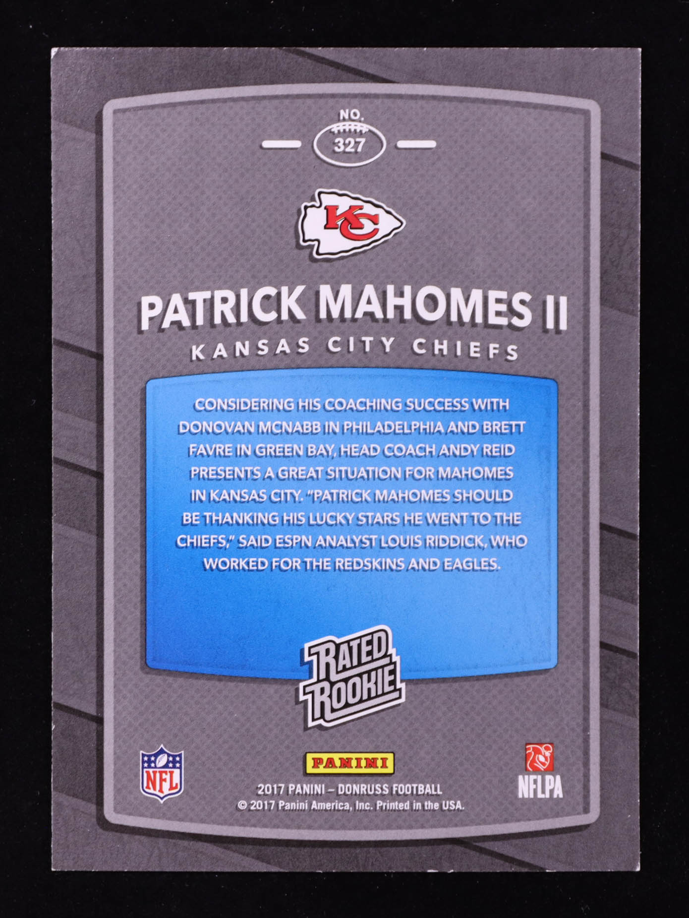 Patrick Mahomes II 2017 Panini Donruss Rated Rookie #327 RC at PristineAuction.com Patrick Mahomes II 2017 Panini Donruss Rated Rookie #327 RC at PristineAuction.com