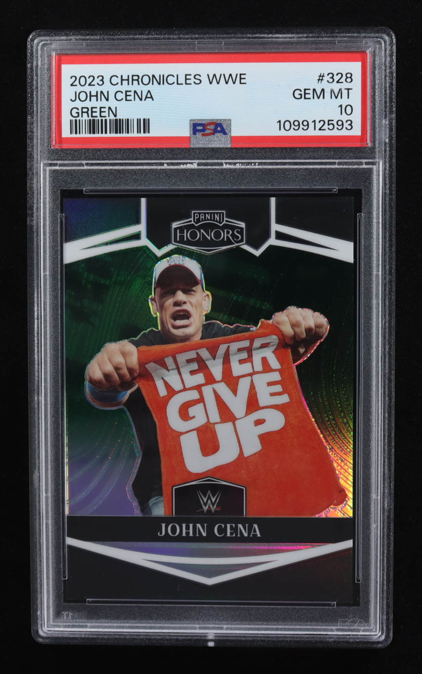 John Cena 2023 Panini Chronicles WWE Green #328 Honors #34/75 (PSA 10) at PristineAuction.com John Cena 2023 Panini Chronicles WWE Green #328 Honors #34/75 (PSA 10) at PristineAuction.com