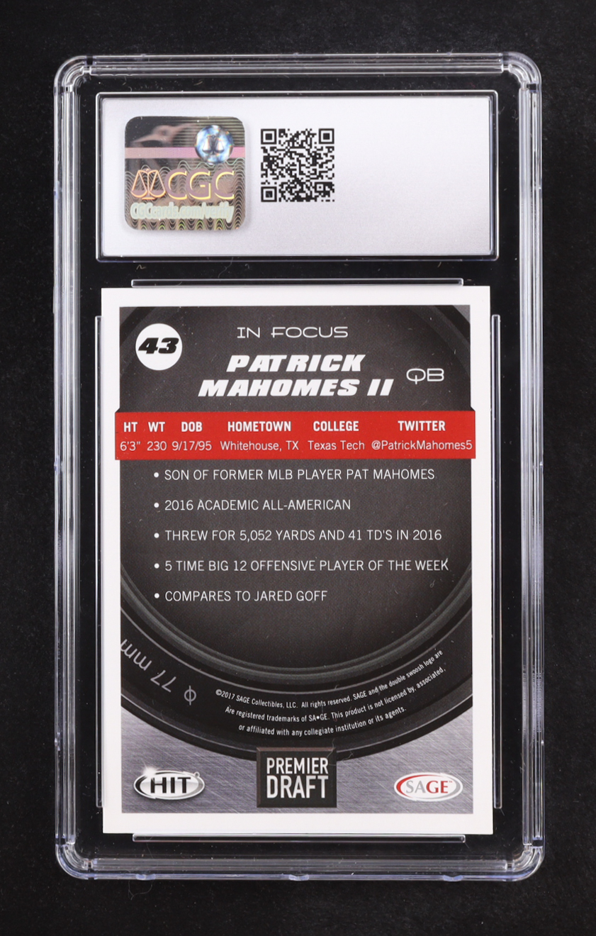 Patrick Mahomes II 2017 SAGE HIT Premier Draft IF #43 RC (CGC 10) at PristineAuction.com Patrick Mahomes II 2017 SAGE HIT Premier Draft IF #43 RC (CGC 10) at PristineAuction.com